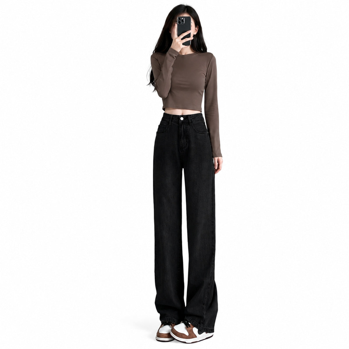 Women's Black High-Rise Extra-Long Wide-Leg Jeans — Main product view