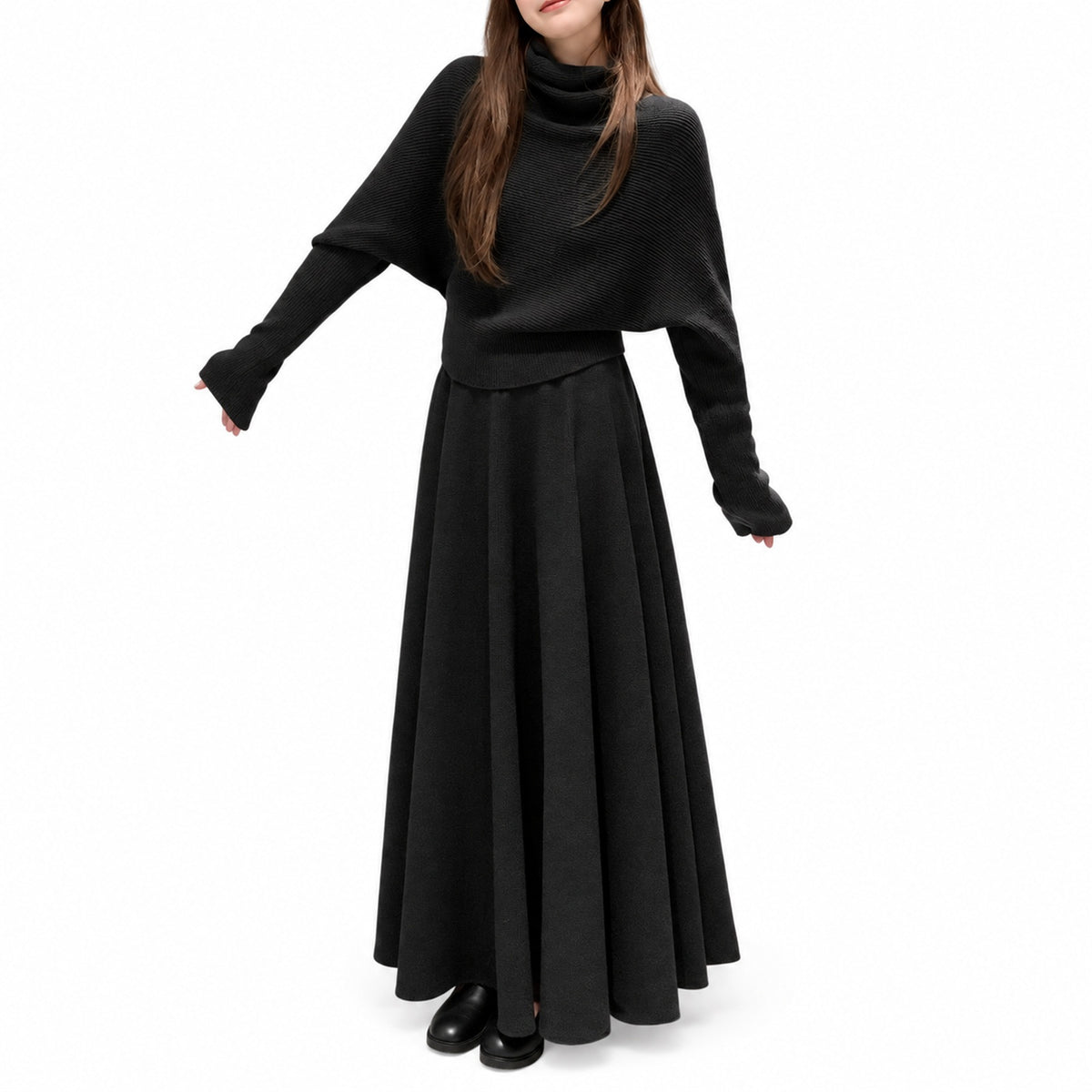 Women's Black Knit Cape Top and Maxi Skirt Look — Main product view