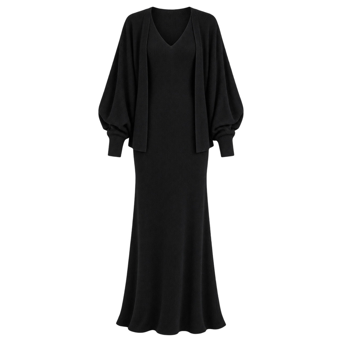 Women's Black V-Neck Knit Dress and Cardigan Look — Main product view