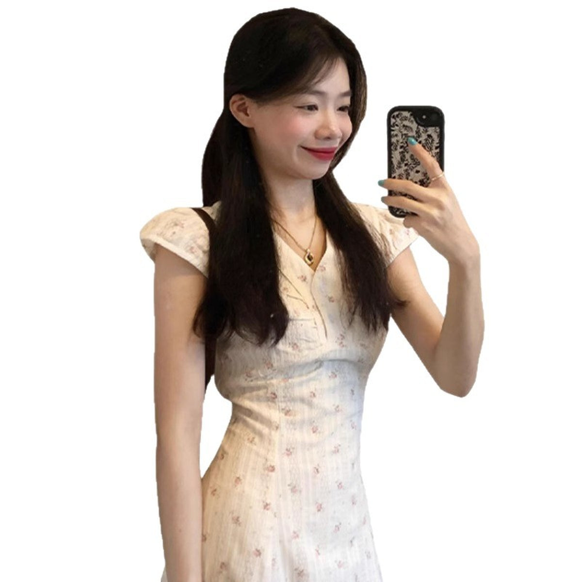 Women's White Floral V-Neck Maxi Dress with Flutter Sleeves — Main product view