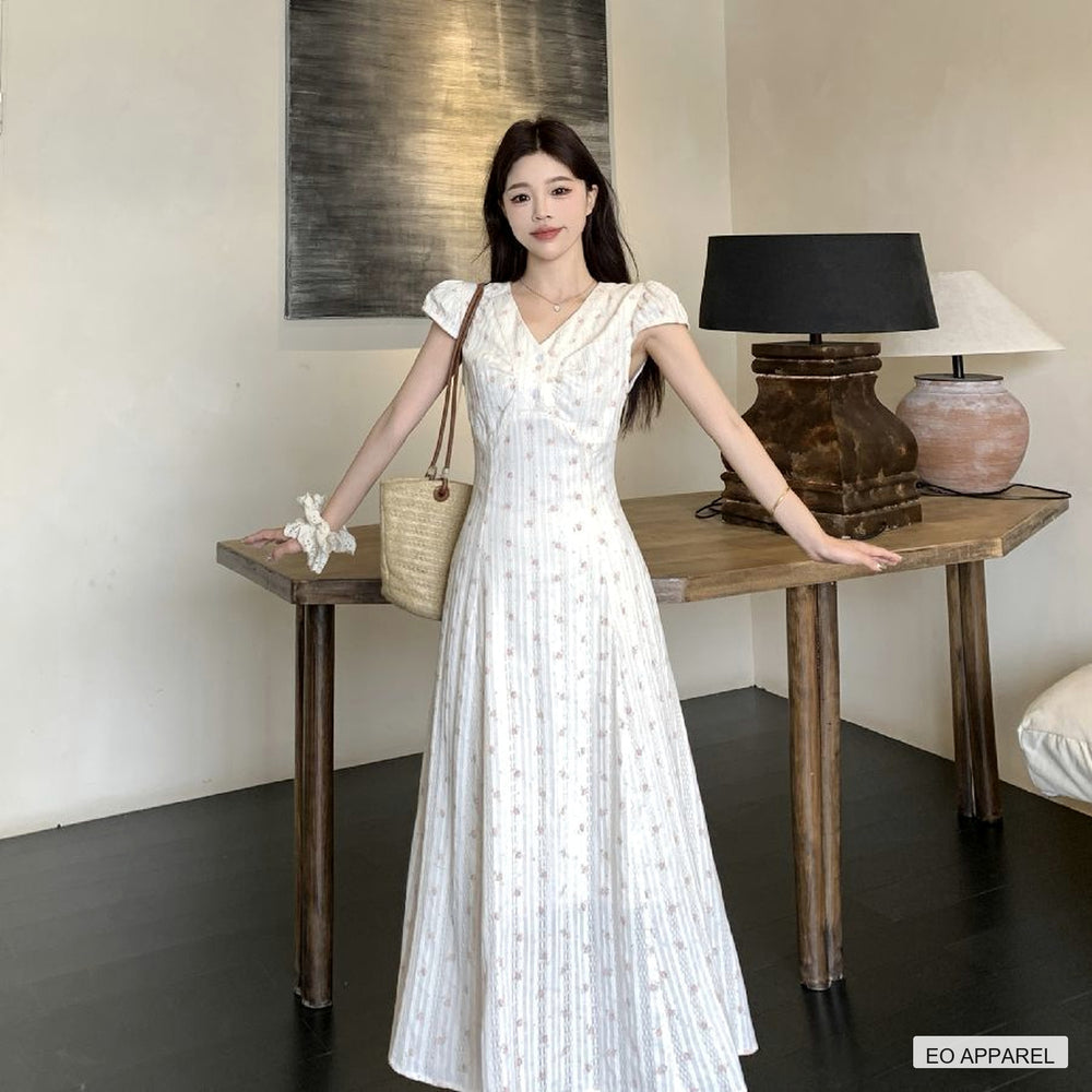 Women's White Floral Fit-and-Flare V-Neck Maxi Dress — Real outfit styling view