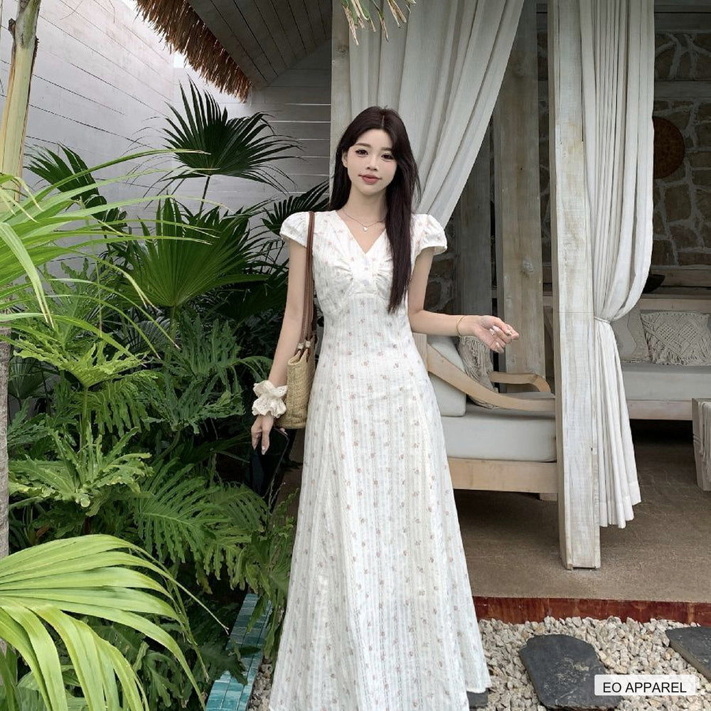 Women's White Floral Fit-and-Flare V-Neck Maxi Dress — Real-life product view