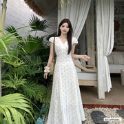 Women's White Floral Fit-and-Flare V-Neck Maxi Dress — Real-life product view