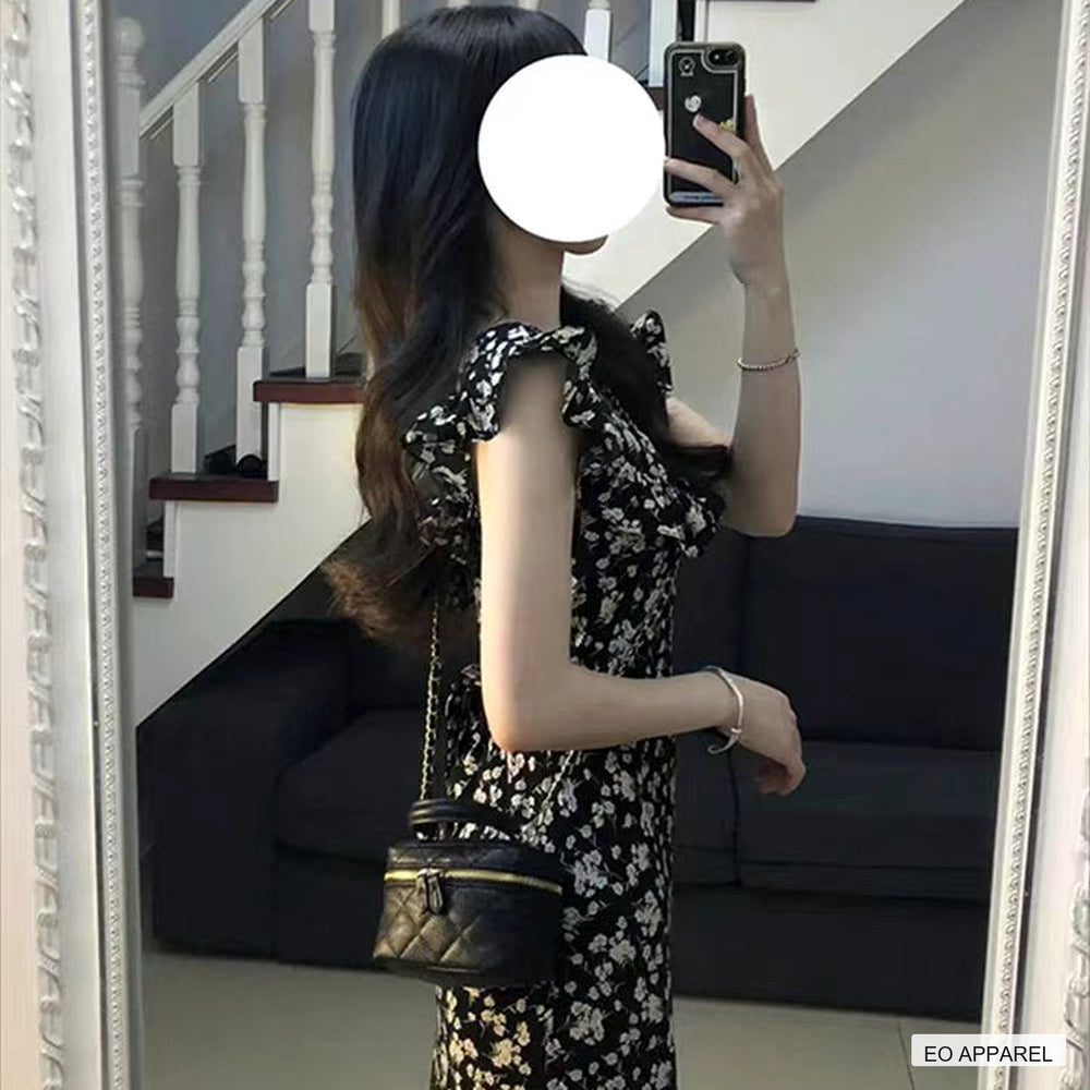Women's Black Floral High-Waist A-Line Maxi Dress — Real-life product view