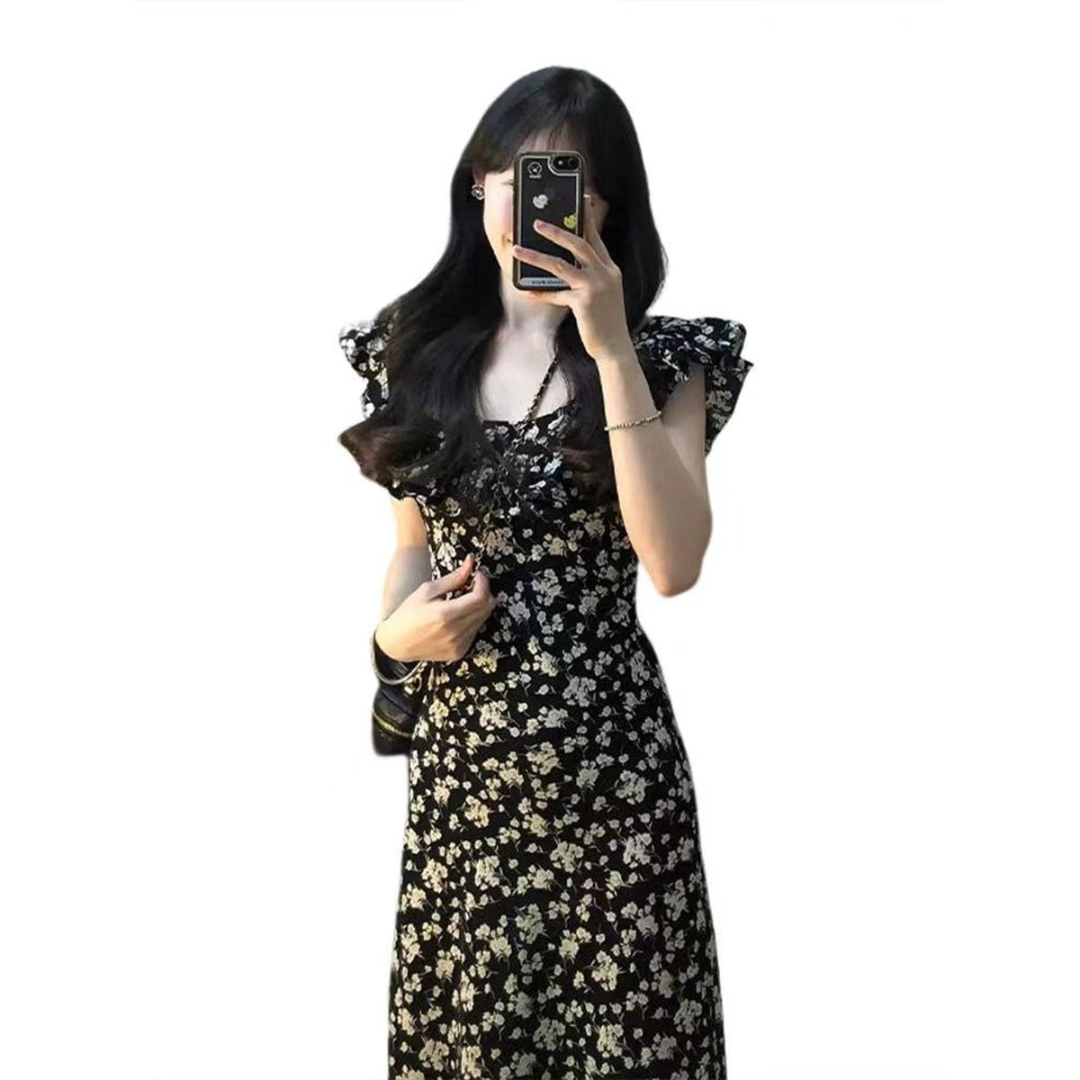 Women's Black Floral High-Waist A-Line Maxi Dress — Main product view
