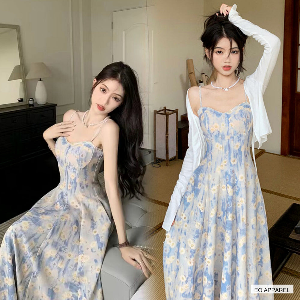 Women's Blue Floral Cami Midi Dress with Full Skirt — Real-life product view