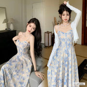 Women's Blue Floral Cami Midi Dress with Full Skirt — Real-life product view