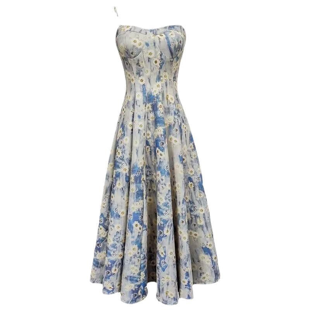 Women's Blue Floral Cami Midi Dress with Full Skirt — Main product view