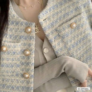 Women's Pale Blue Textured Cropped Jacket with Pearl-Look Buttons — Verified detail view