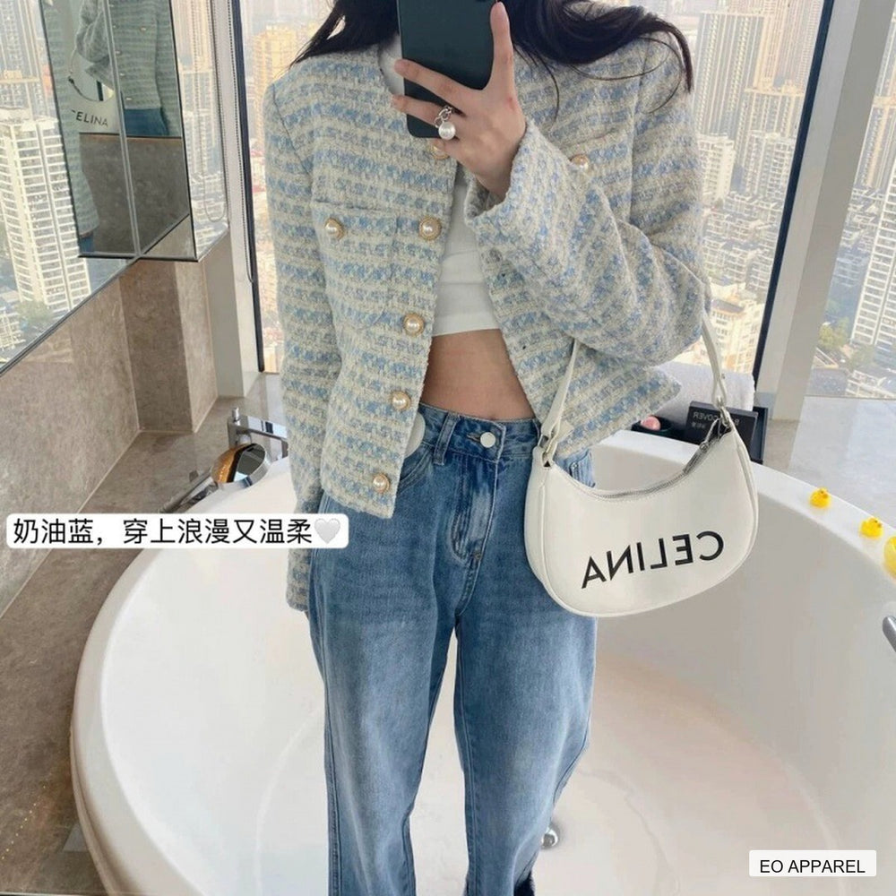 Women's Pale Blue Textured Cropped Jacket with Pearl-Look Buttons — Real outfit styling view