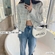 Women's Pale Blue Textured Cropped Jacket with Pearl-Look Buttons — Real outfit styling view