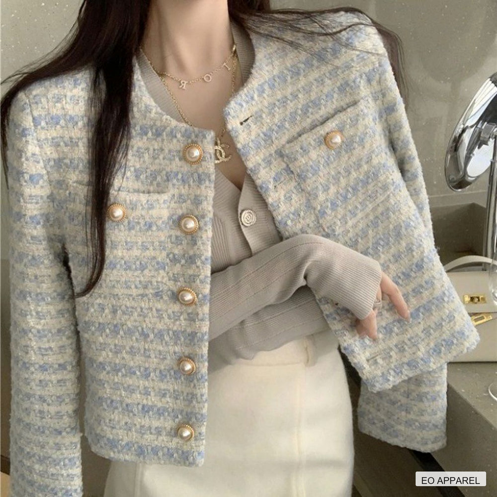 Women's Pale Blue Textured Cropped Jacket with Pearl-Look Buttons — Real-life product view