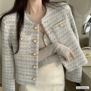 Women's Pale Blue Textured Cropped Jacket with Pearl-Look Buttons — Real-life product view