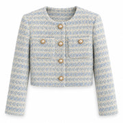 Women's Pale Blue Textured Cropped Jacket with Pearl-Look Buttons — Main product view