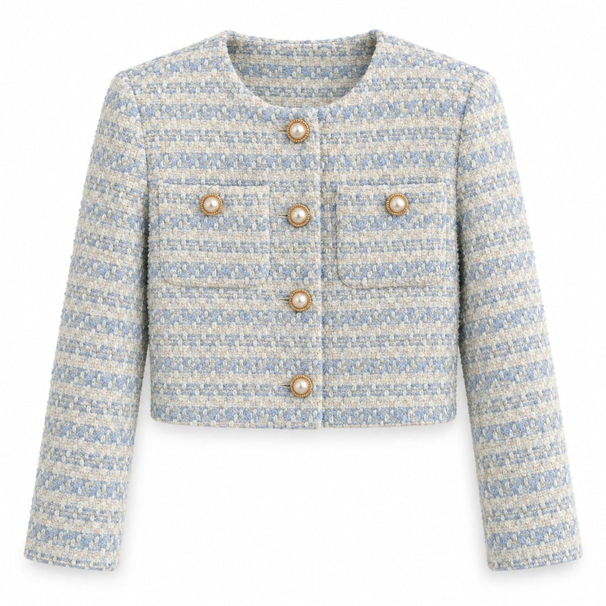 Women's Pale Blue Textured Cropped Jacket with Pearl-Look Buttons — Main product view