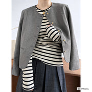 Women's Gray Collarless Cropped Jacket with Gold-Tone Buttons — Real outfit styling view