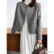 Women's Gray Collarless Cropped Jacket with Gold-Tone Buttons — Real-life product view