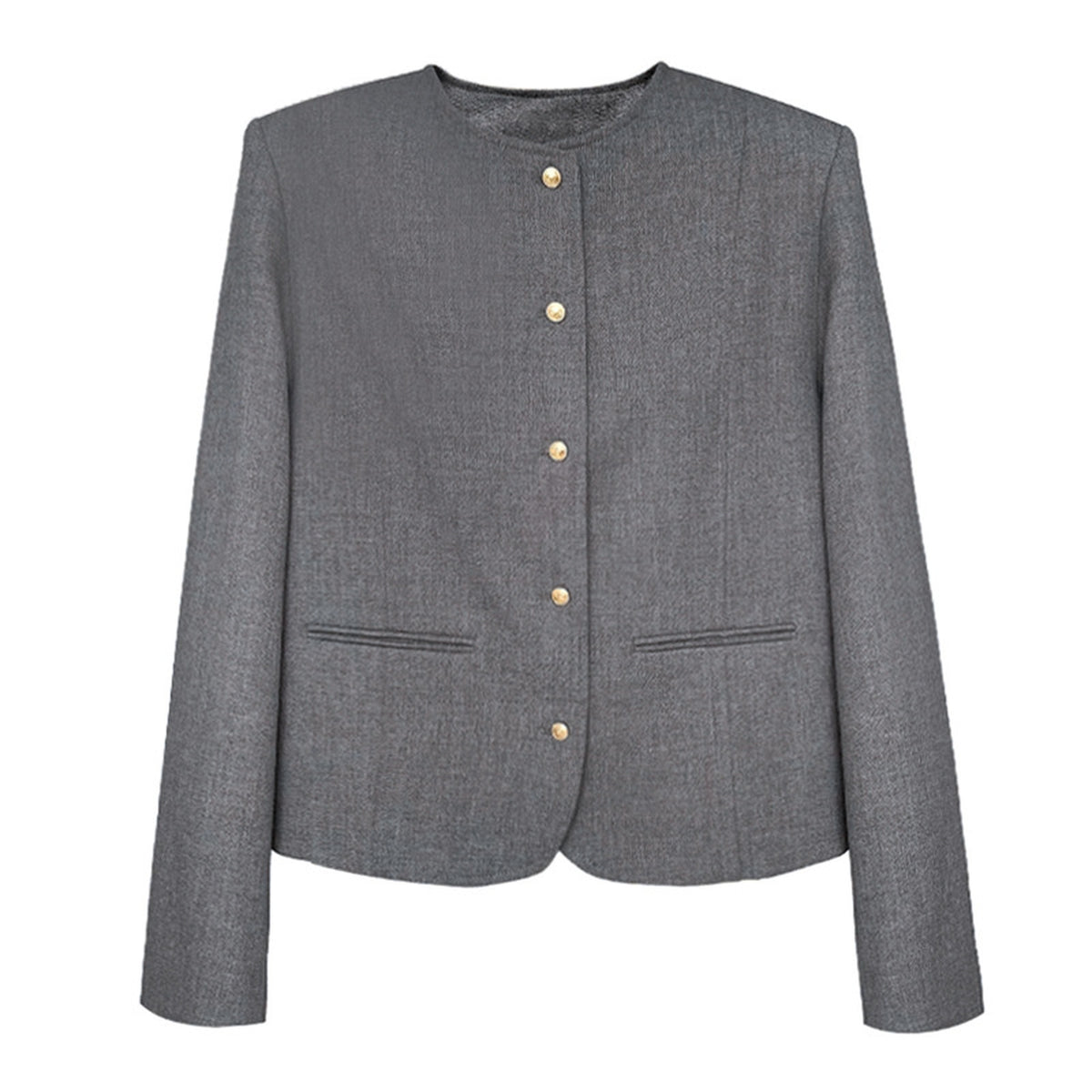 Women's Gray Collarless Cropped Jacket with Gold-Tone Buttons — Main product view