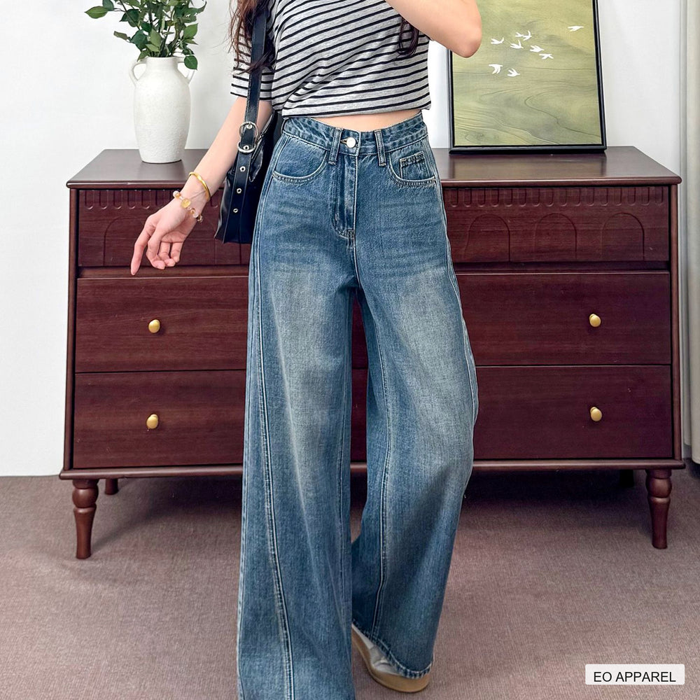 Women's Blue High-Rise Full-Length Wide-Leg Jeans — Real-life product view