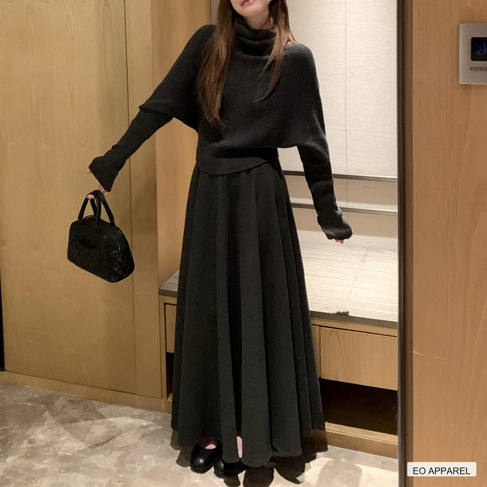 Women's Black Knit Cape Top and Maxi Skirt Look — Real outfit styling view