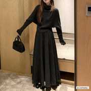 Women's Black Knit Cape Top and Maxi Skirt Look — Real outfit styling view