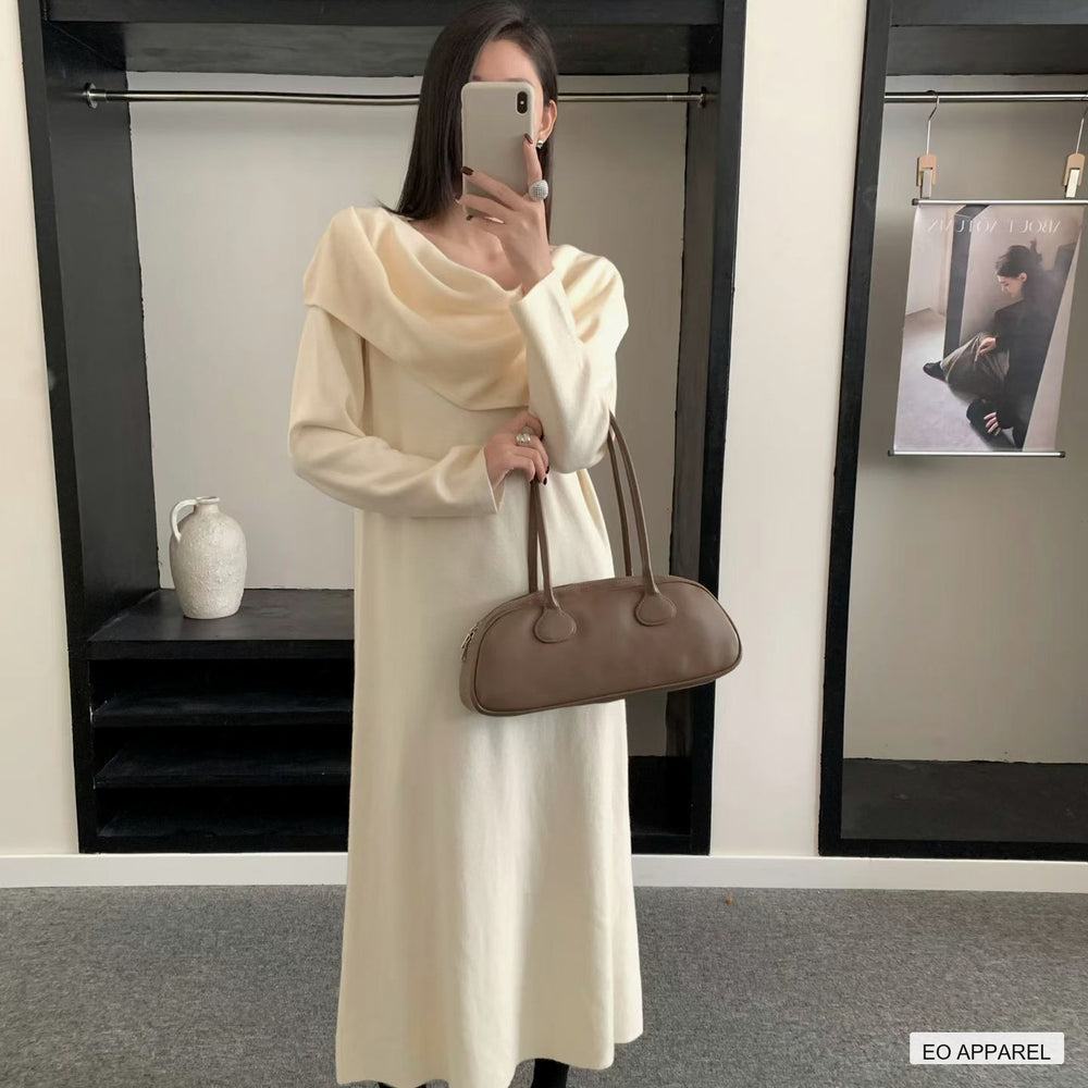 Women's Gray Draped-Neck Long-Sleeve Knit Midi Dress — Real outfit styling view
