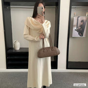 Women's Gray Draped-Neck Long-Sleeve Knit Midi Dress — Real outfit styling view