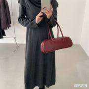 Women's Gray Draped-Neck Long-Sleeve Knit Midi Dress — Real-life product view