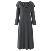 Women's Gray Draped-Neck Long-Sleeve Knit Midi Dress — Main product view