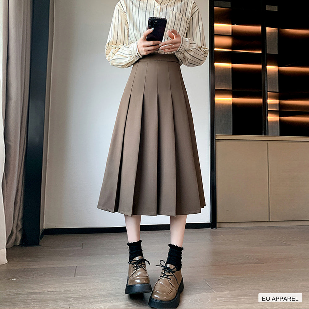Women's Muted Green High-Waist Pleated Midi Skirt — Real-life product view