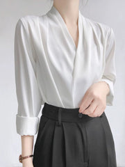 Satin Cross-Front V-Neck Blouse