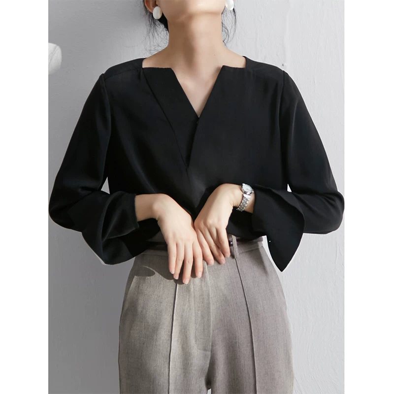Satin Cross-Front V-Neck Blouse
