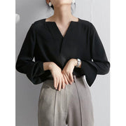 Satin Cross-Front V-Neck Blouse