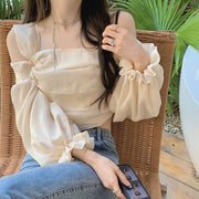 White Square-Neck Puff-Sleeve Blouse